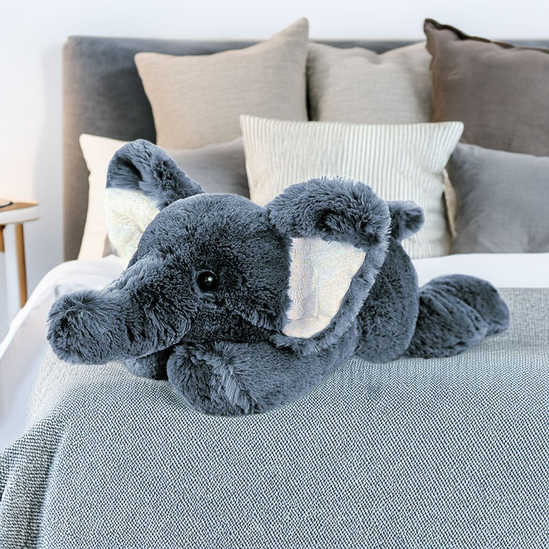 Sensorisches Kuscheltier in Form eines Elefanten, das therapeutische Unterstützung bei Angstzuständen bietet und die Schlafqualität verbessert.