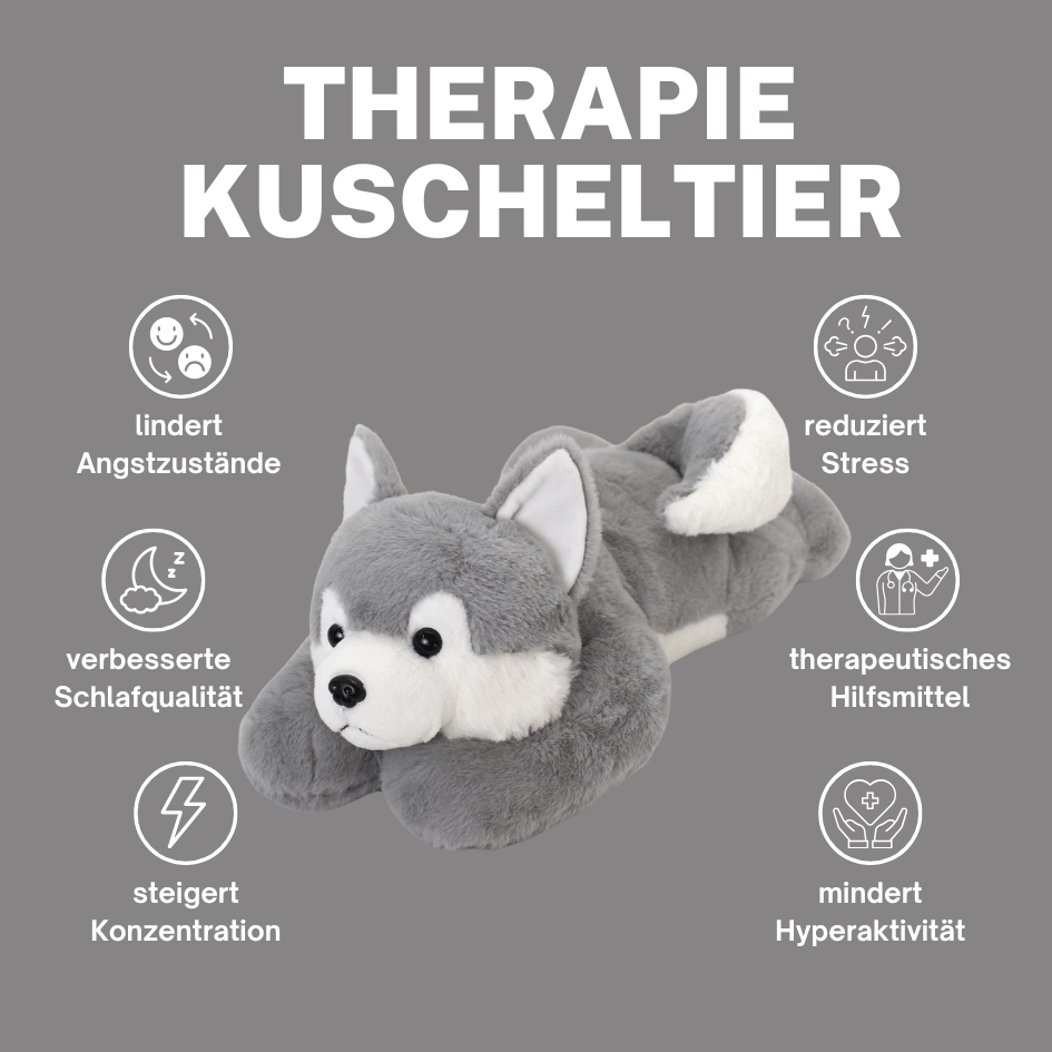 Ein gewichteter Therapie-Wolf, der bei ADHS, Autismus und der Entspannung hilft, ideal für Kinder zur emotionalen Unterstützung und Beruhigung.