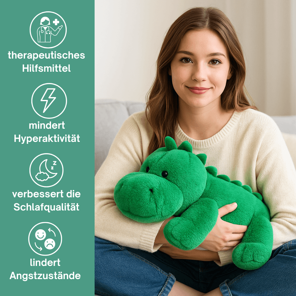 Grafik mit den Vorteilen des gewichteten Drachen Kuscheltiers, darunter Stressabbau, Schlafhilfe, Konzentrationsförderung und emotionale Stabilität.