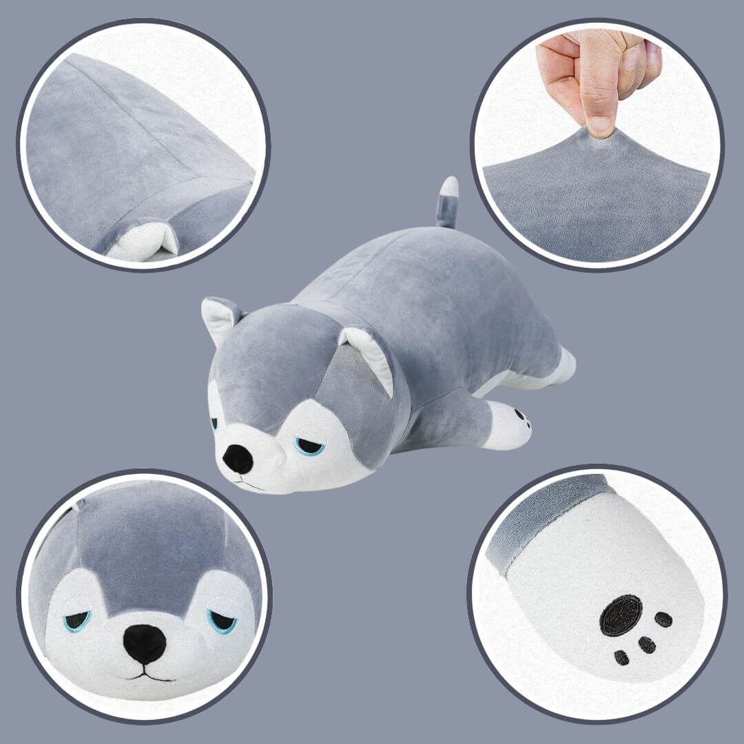 Detailansicht des sensorischen Husky Kuscheltiers. Ein therapeutisches Hilfsmittel zur Verbesserung der Schlafqualität und zur Stressbewältigung.