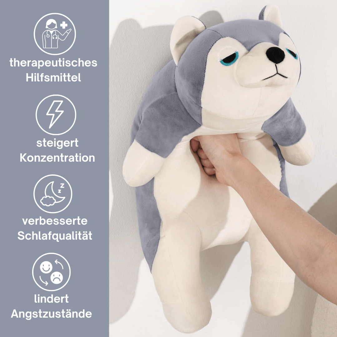 Ein beruhigendes Husky Kuscheltier, das als therapeutisches Hilfsmittel dient. Hilft bei der Linderung von Angstzuständen und verbessert die Schlafqualität.