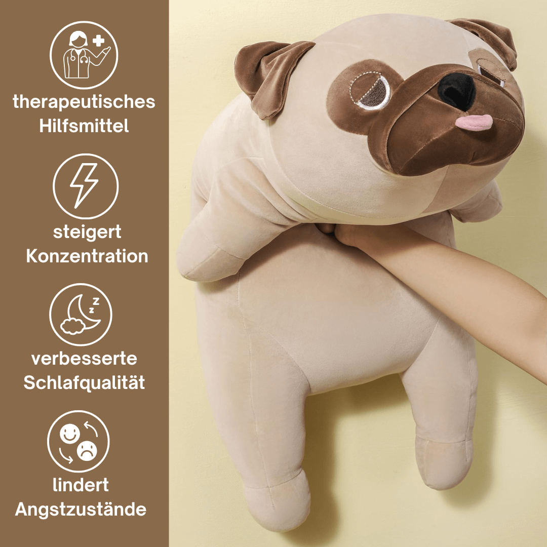 Ein therapeutisches Mops Kuscheltier, das als Entspannungsspielzeug zur Linderung von Stress und Angstzuständen dient und für mehr Beruhigung sorgt.