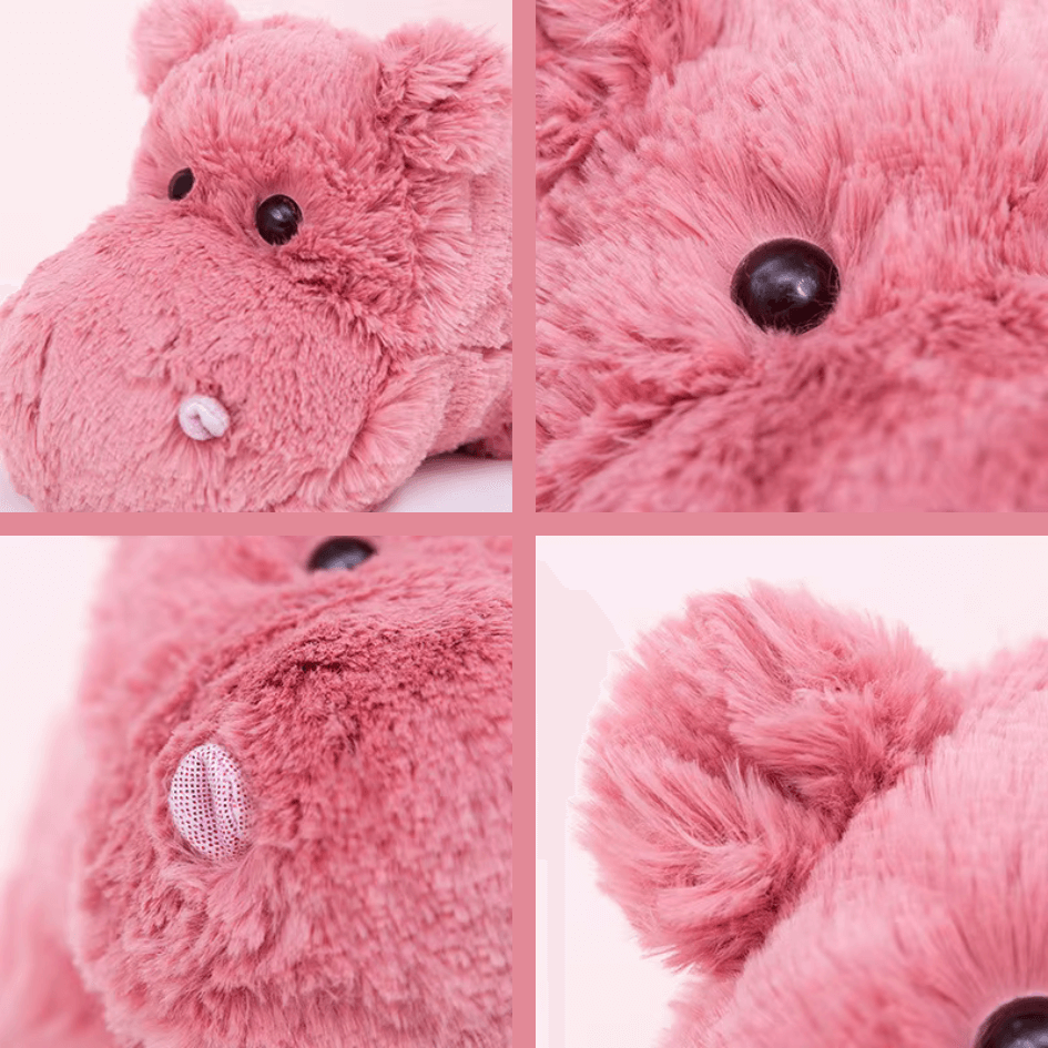 Detailansicht des gewichteten Therapie Hippo Kuscheltiers, das als Therapie Spielzeug hilft, Angstzustände zu lindern und die Schlafqualität zu verbessern.