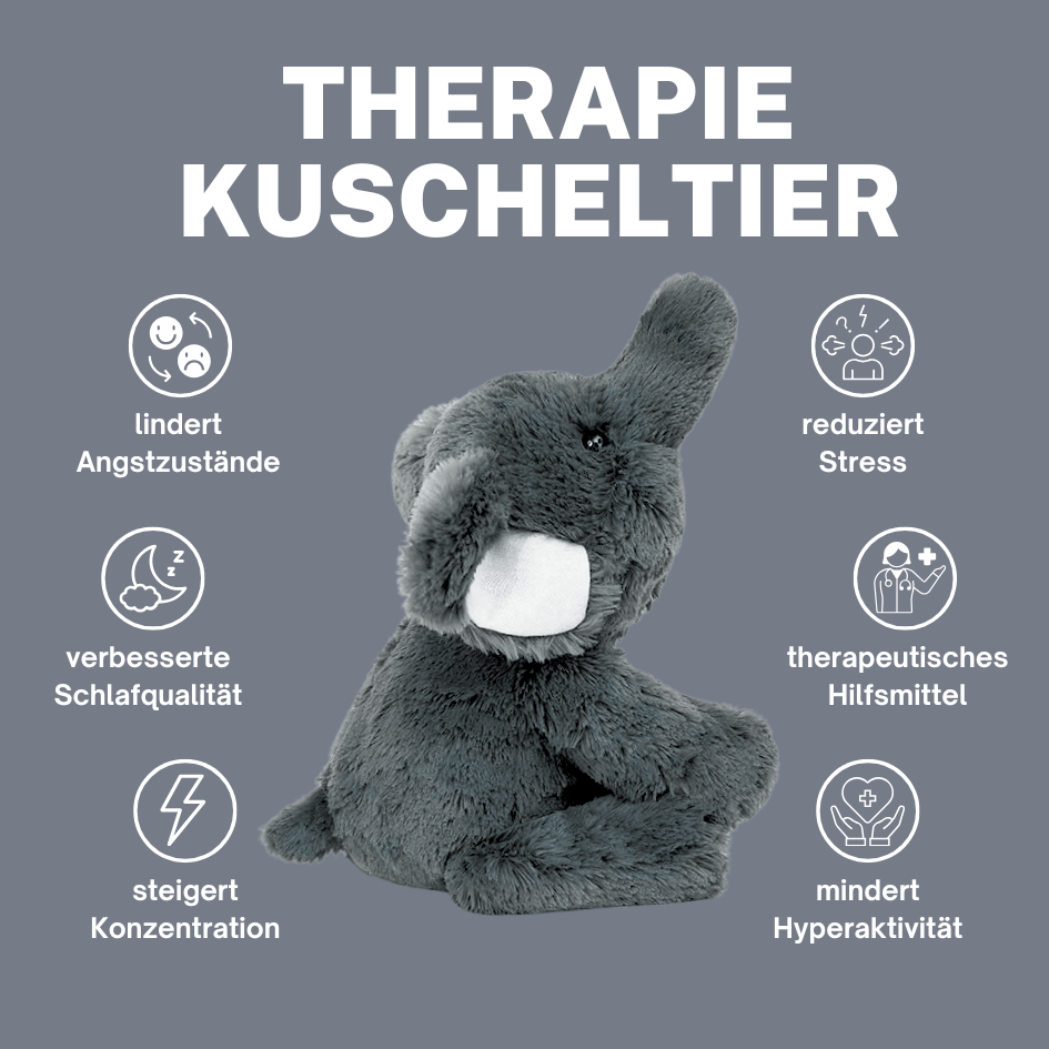 Ein schweres Therapie-Kuscheltier in Form eines Elefanten, das hilft, Stress abzubauen, die Konzentration zu steigern und Angstzustände zu lindern. Ideal für Entspannung und Schlafqualität.